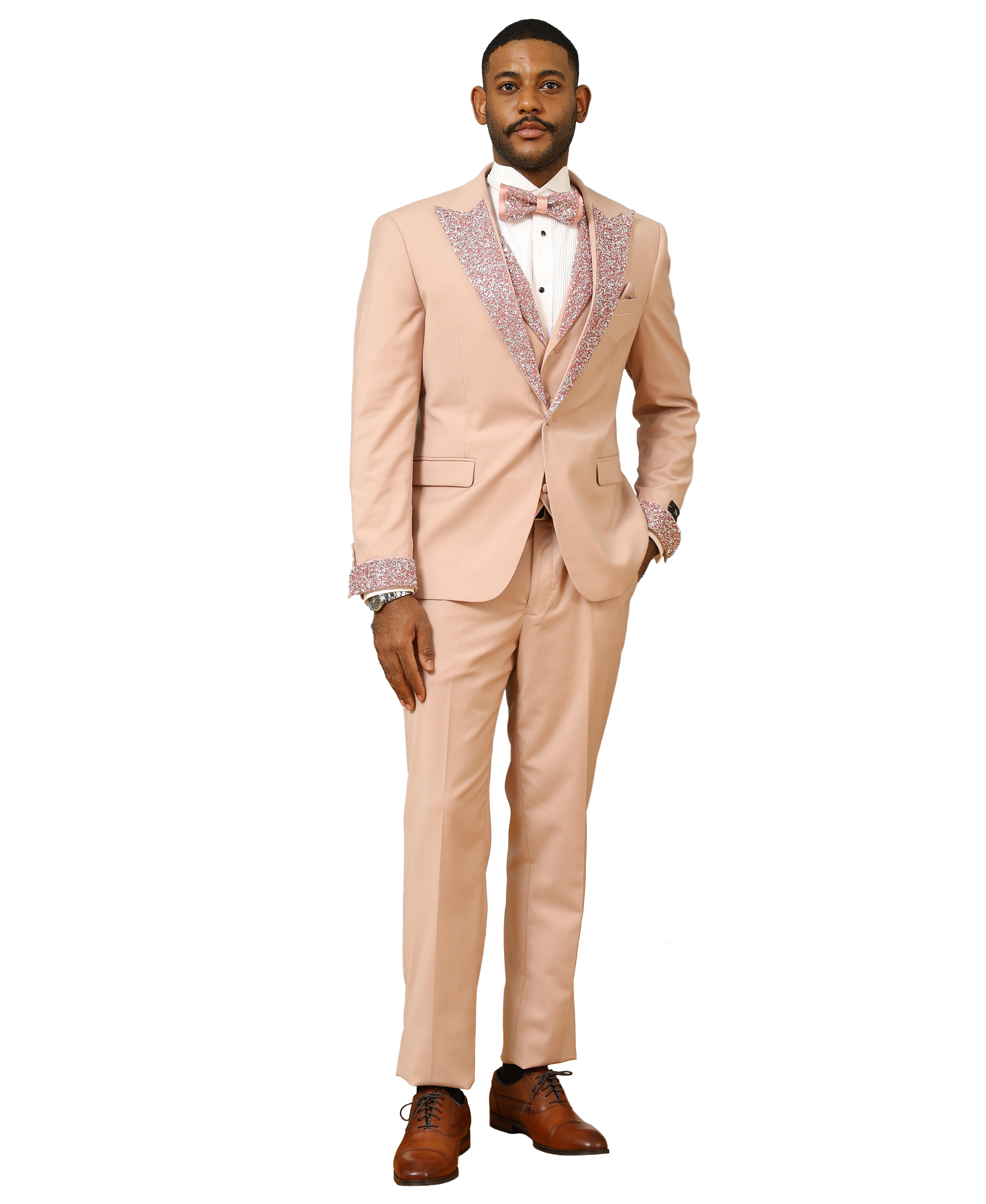 3 PC Solid Satin Rhinestone Peak Lapel Collared Vest Suit